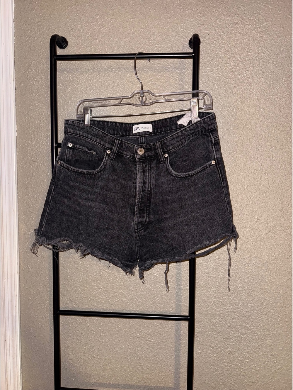 Zara Black Distressed Denim High-Waisted Shorts Size 10